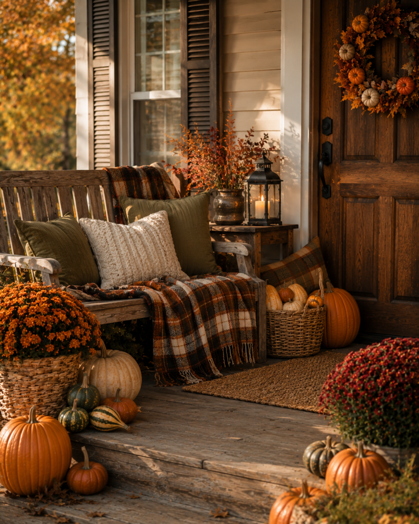 Fall porch decorating ideas with cozy bench