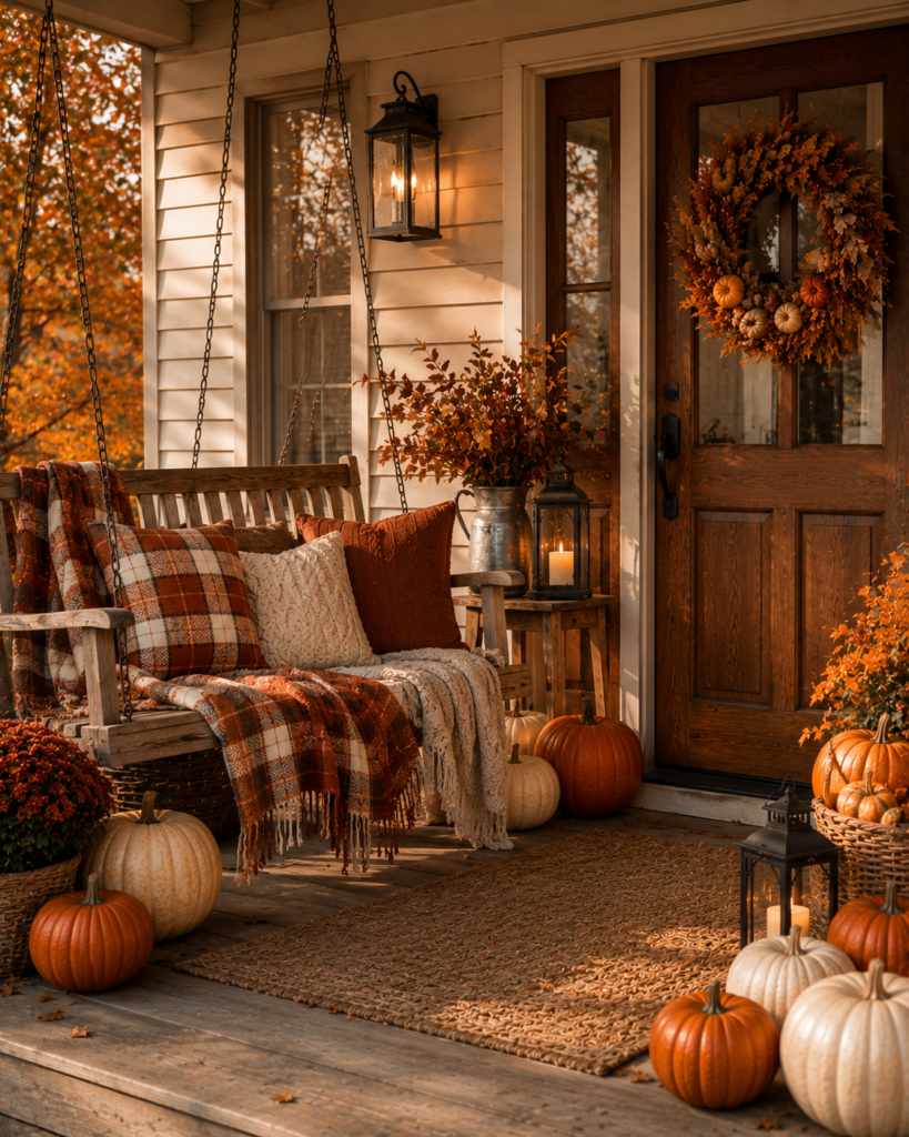Fall porch decorating ideas with plaid textiles