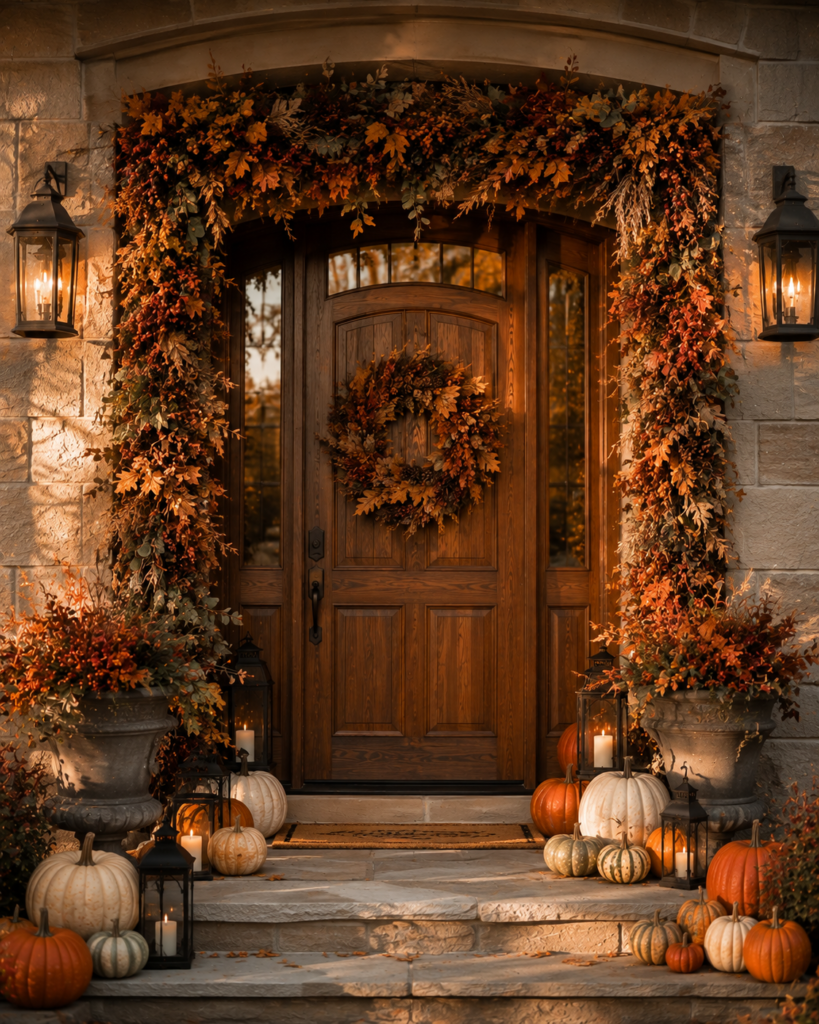 Fall porch decorating ideas with autumn garland