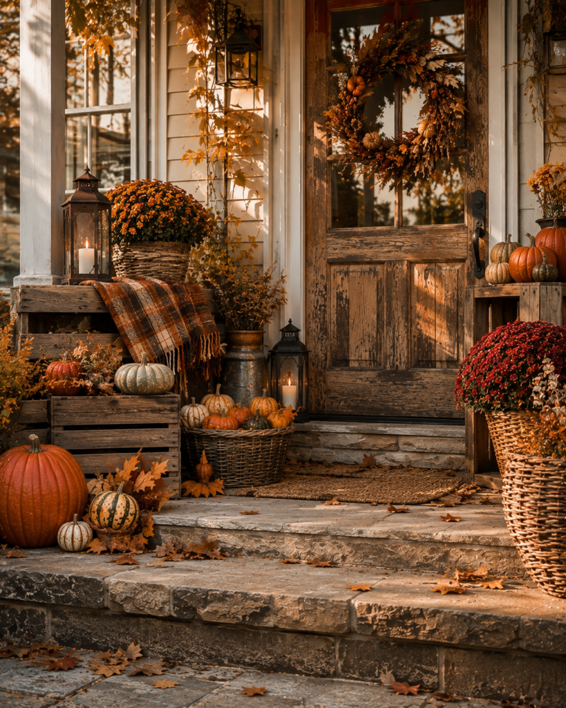 Fall porch decorating ideas with vintage crates