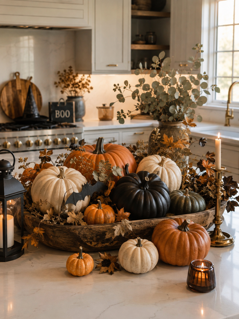Halloween kitchen decor ideas with layered pumpkins