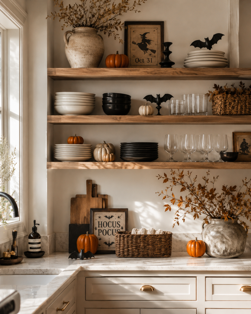 Halloween kitchen decor ideas for open shelves