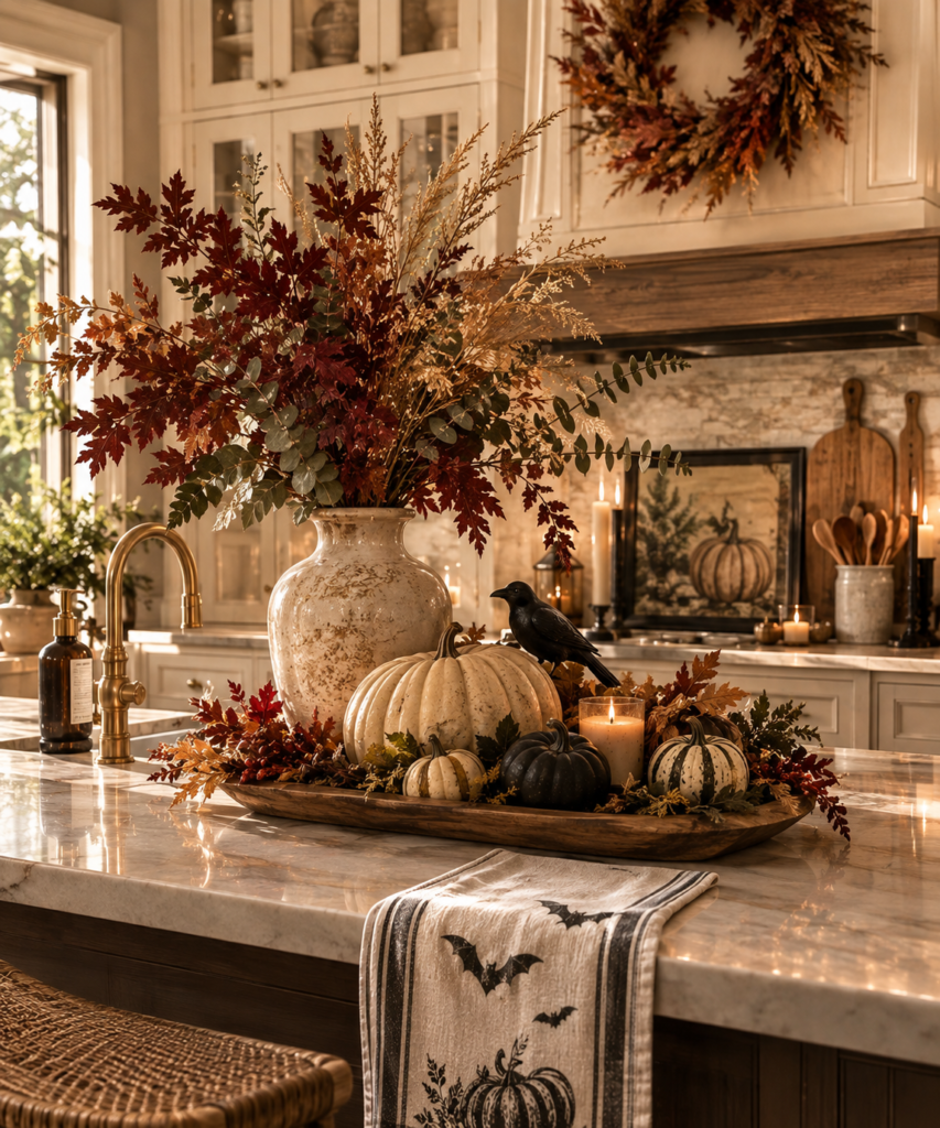 Halloween kitchen decor ideas with autumn foliage