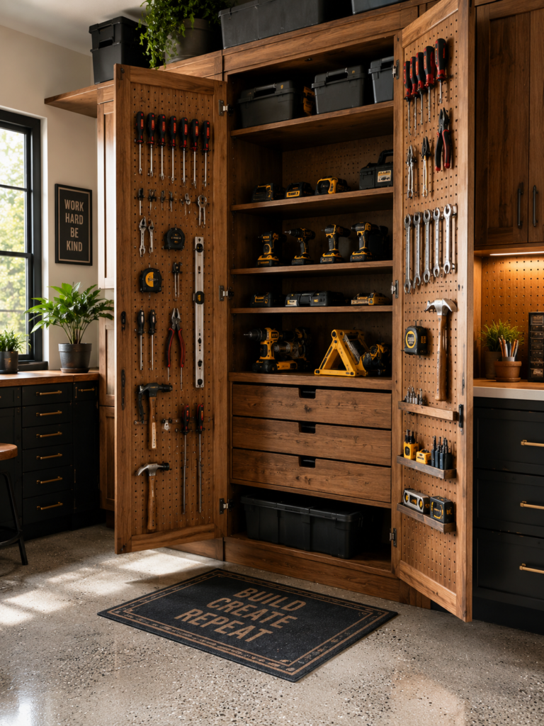 DIY garage organization ideas hidden pegboard