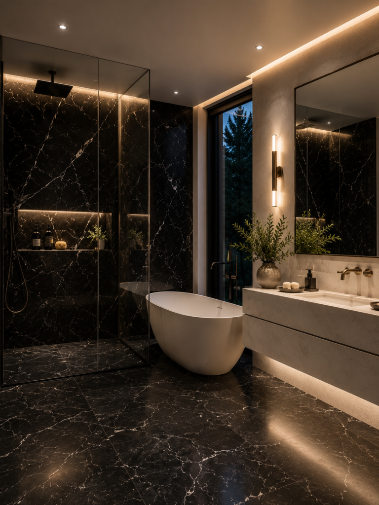 Black and white bathroom ideas with marble shower