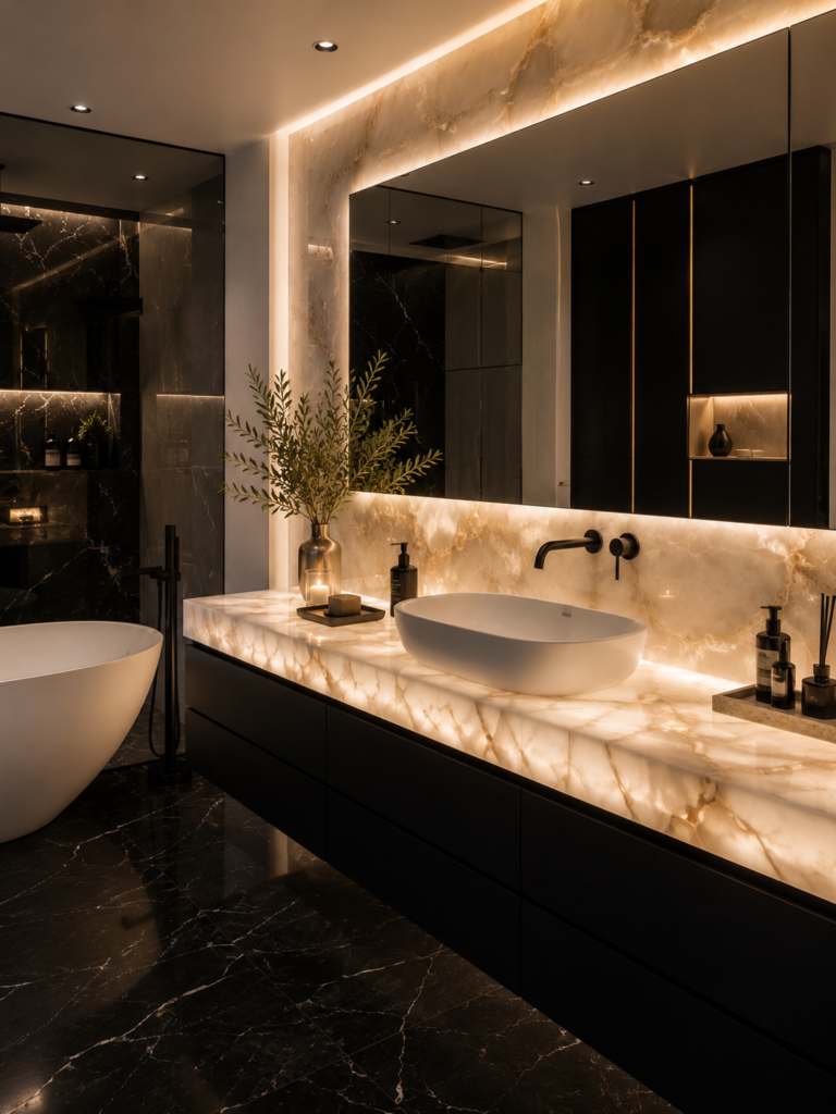 Black and white bathroom ideas with onyx vanity