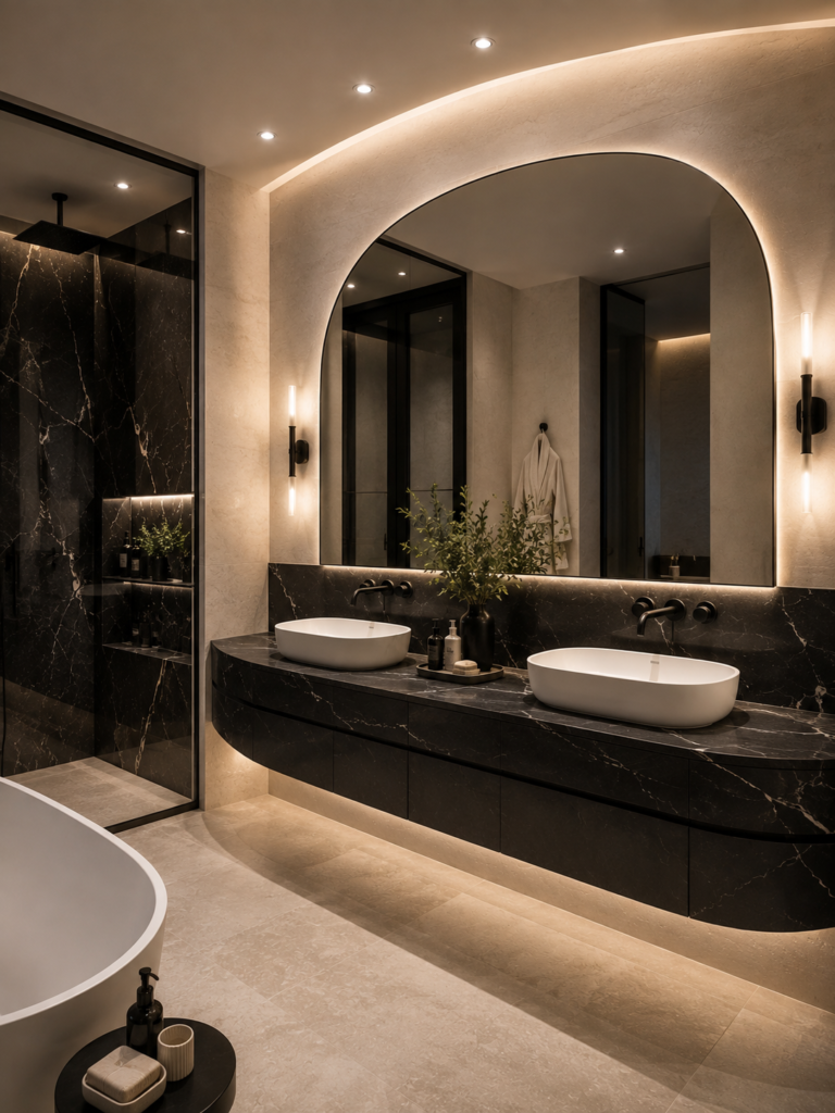 Black and white bathroom ideas with curved vanity