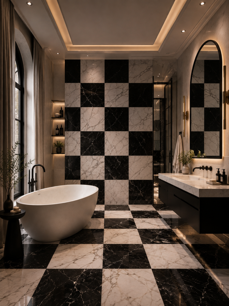 Black and white bathroom ideas with marble checkerboard