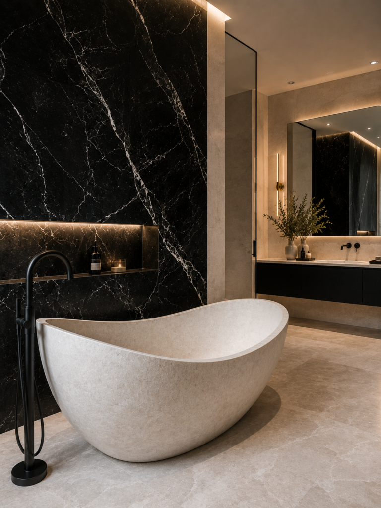 Black and white bathroom ideas with sculptural tub