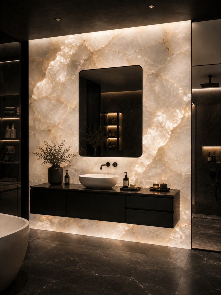 Black and white bathroom ideas with onyx wall
