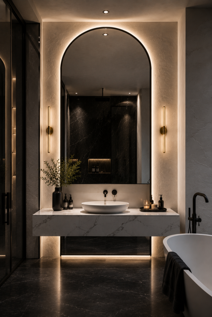 Black and white bathroom ideas with arched mirror