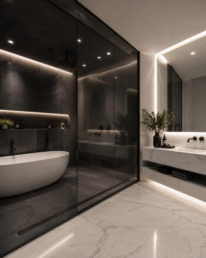 Black and white bathroom ideas with hidden wet room