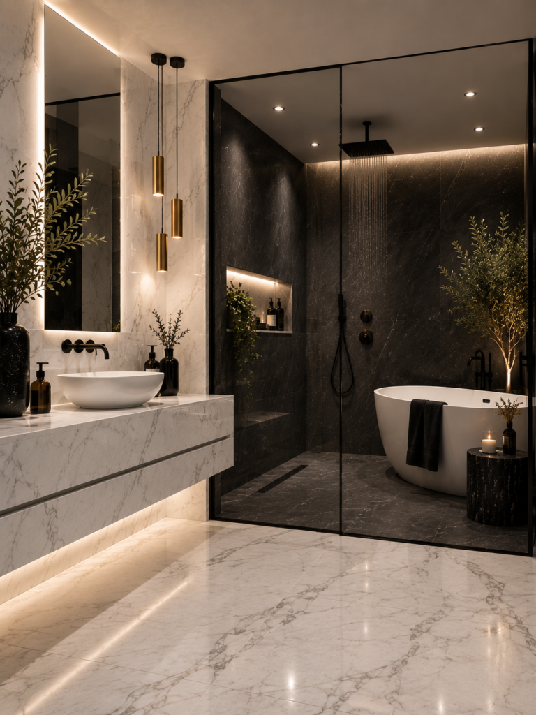 Black and white bathroom ideas with veined marble