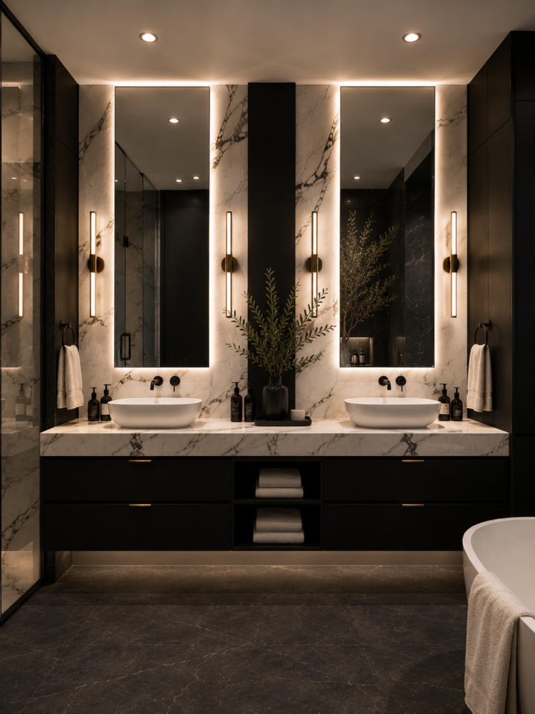 Black and white bathroom ideas with twin mirrors