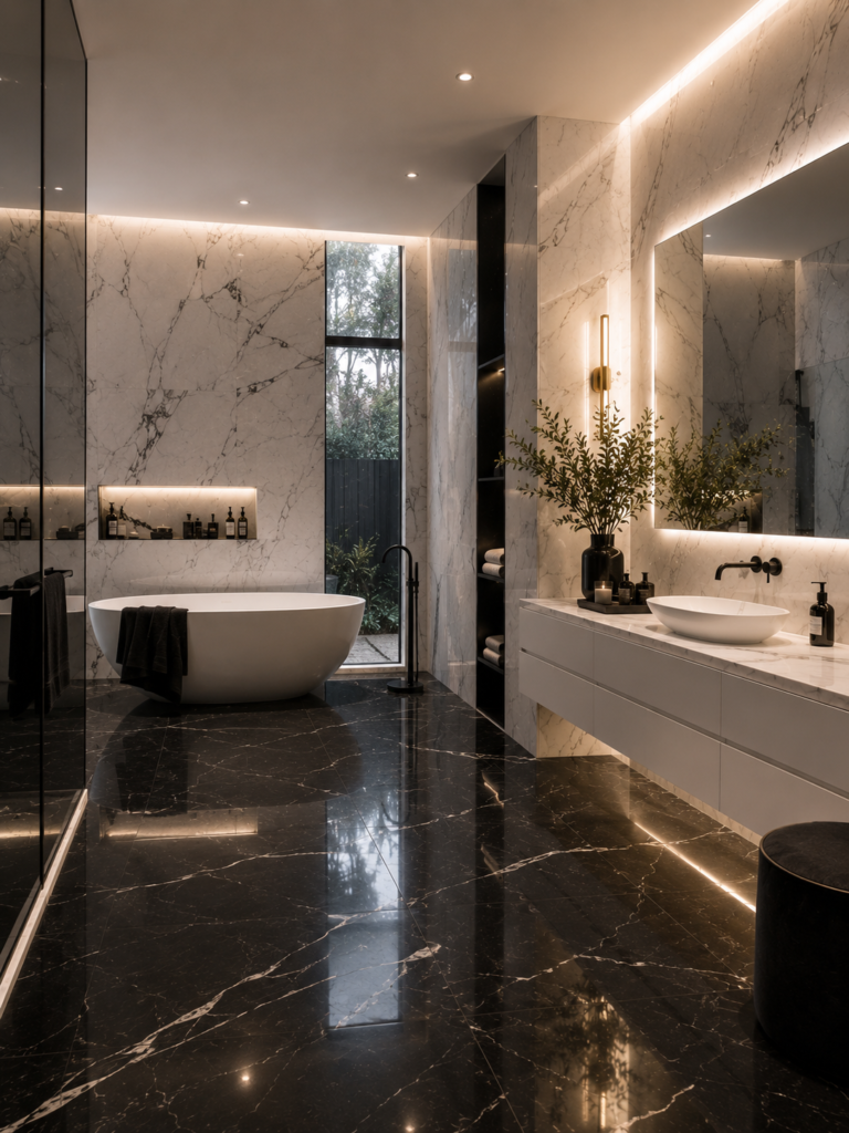 Black and white bathroom ideas with marble flooring
