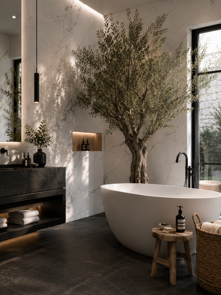 Black and white bathroom ideas with indoor greenery