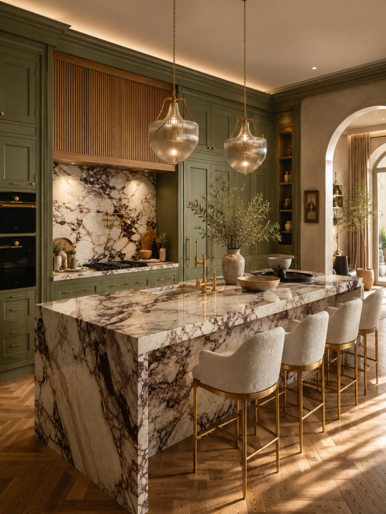 Sage green kitchen ideas with marble