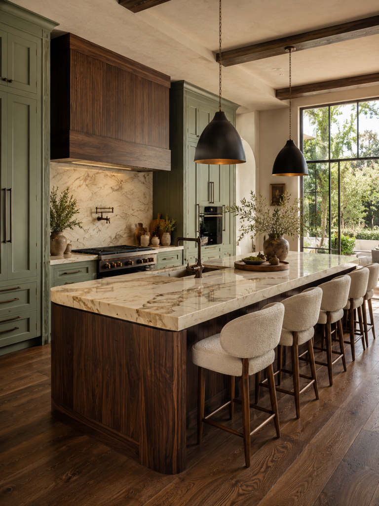 Sage green kitchen ideas with walnut