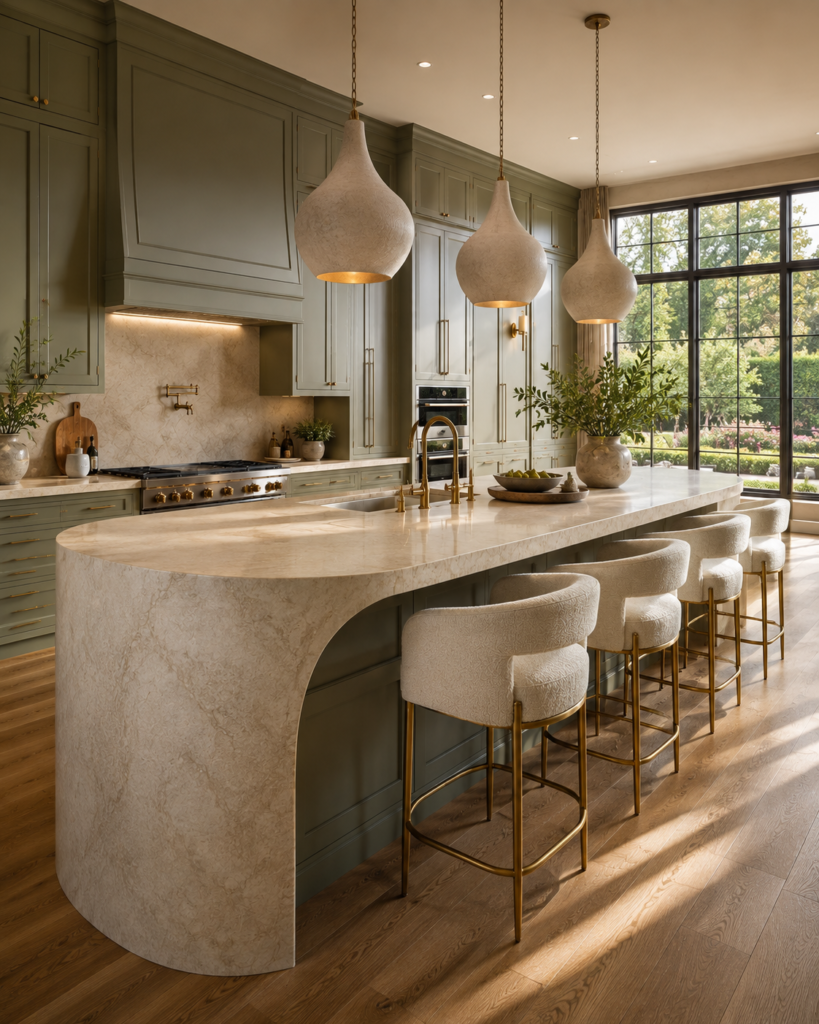 Sage green kitchen ideas with oversized island