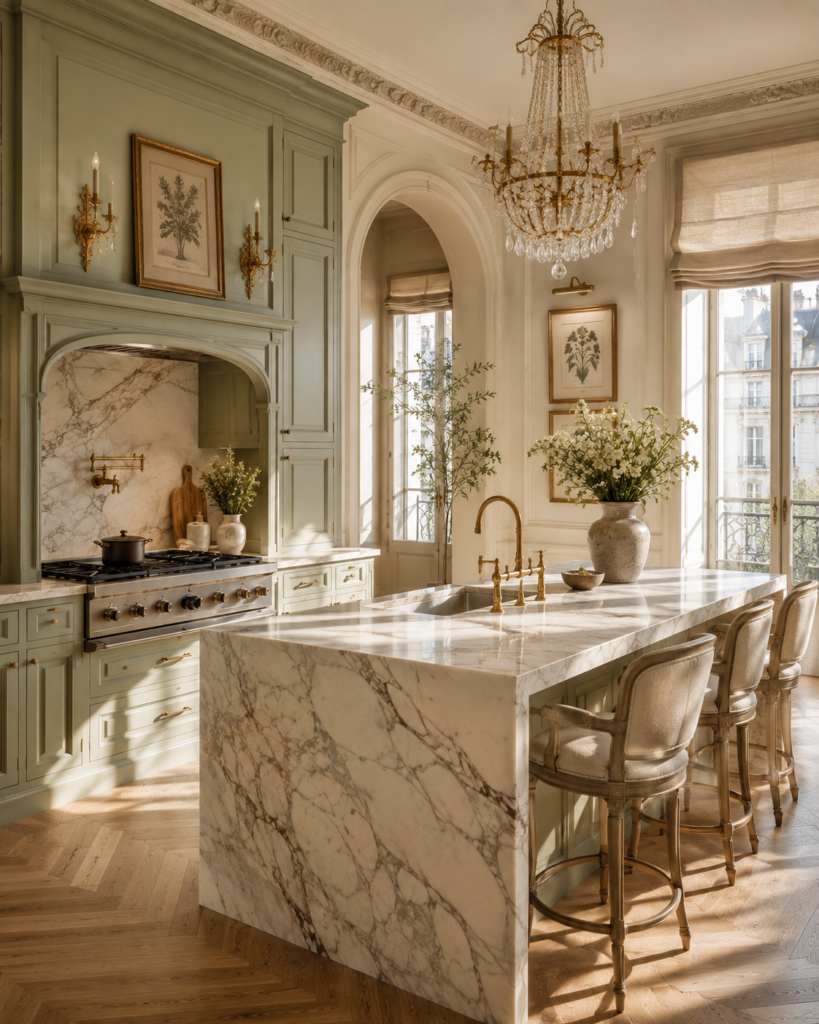Sage green kitchen ideas with Parisian elegance
