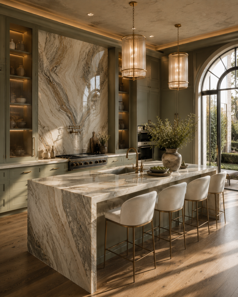 Sage green kitchen ideas with statement backsplash