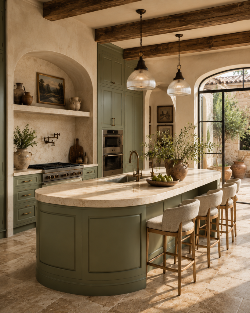 Sage green kitchen ideas with limestone