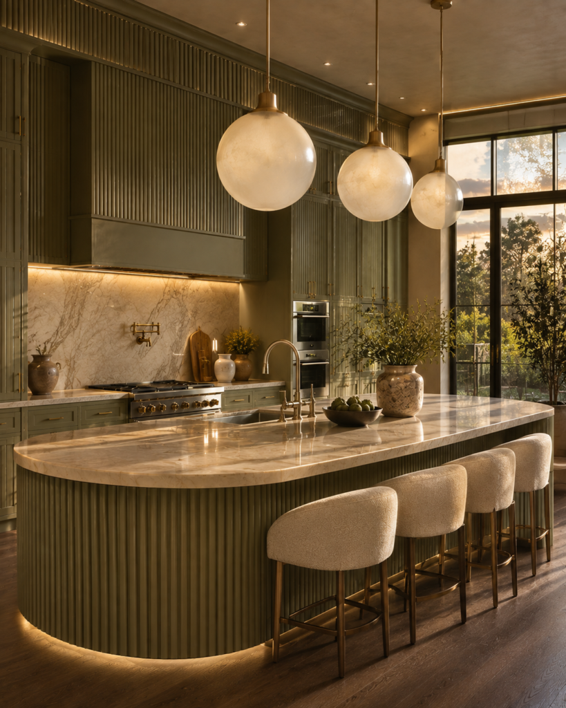 Sage green kitchen ideas with fluted cabinets