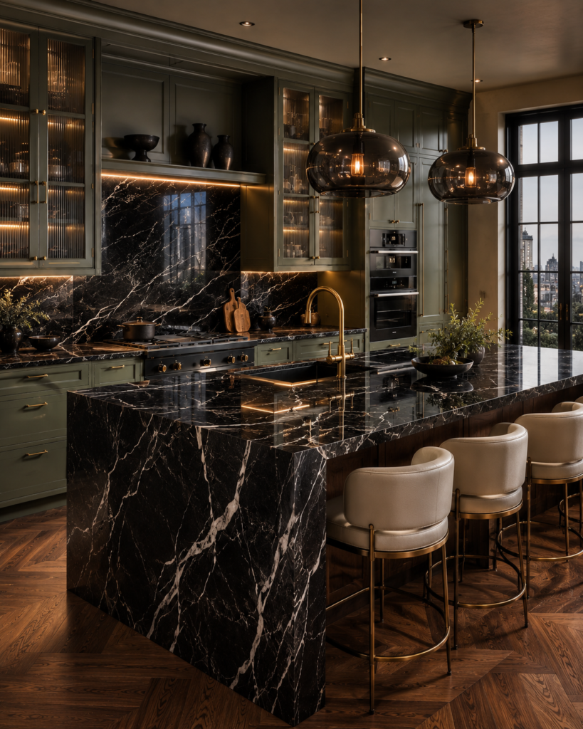 Sage green kitchen ideas with black marble