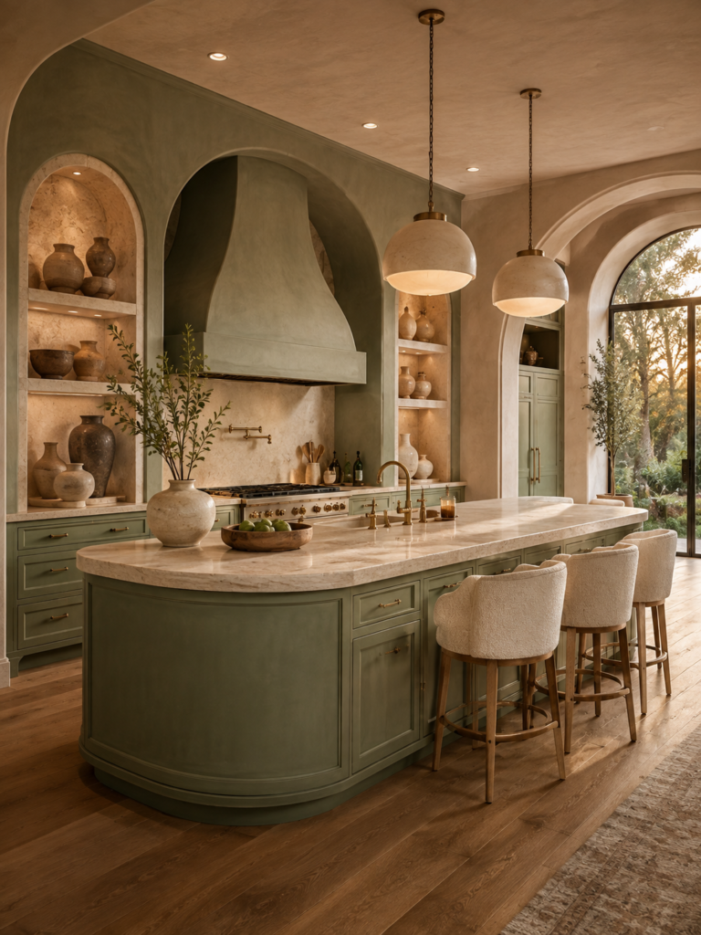 Sage green kitchen ideas with arched details
