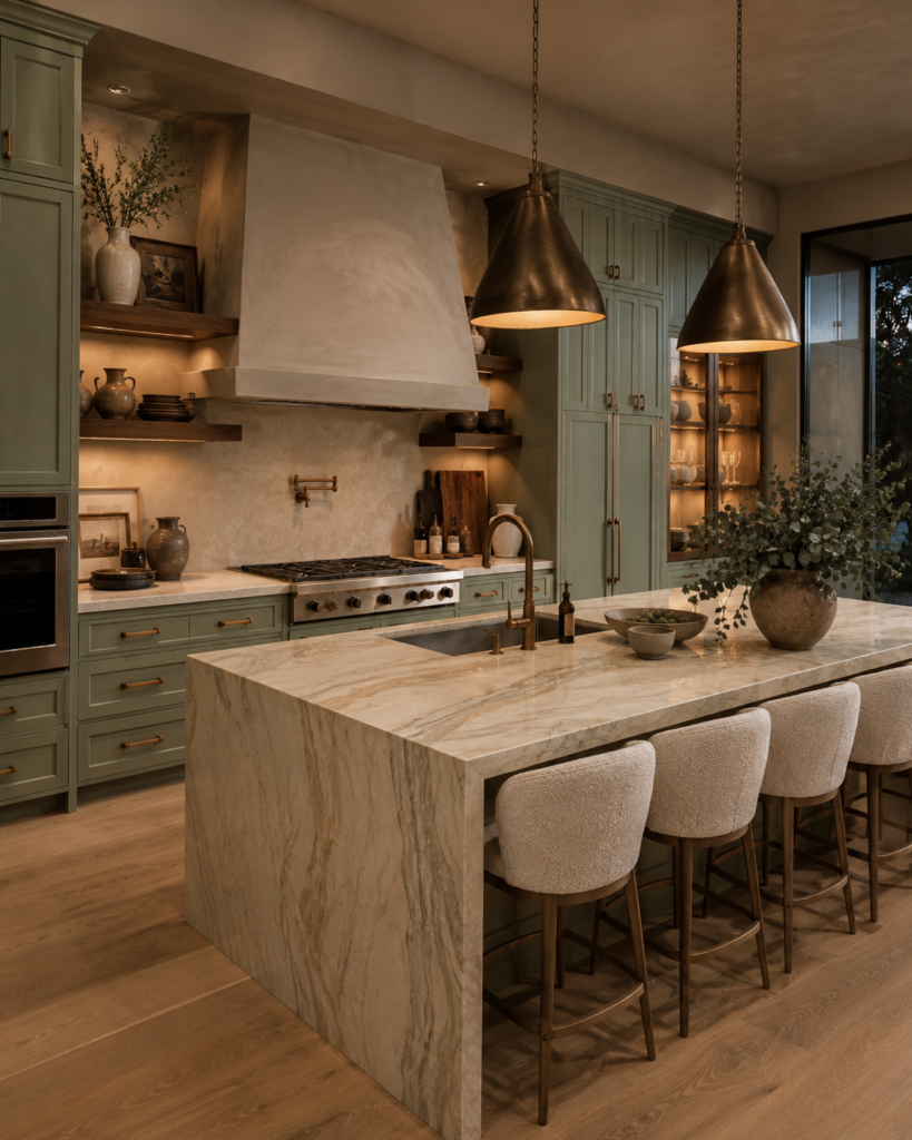 Sage green kitchen ideas with bronze hardware
