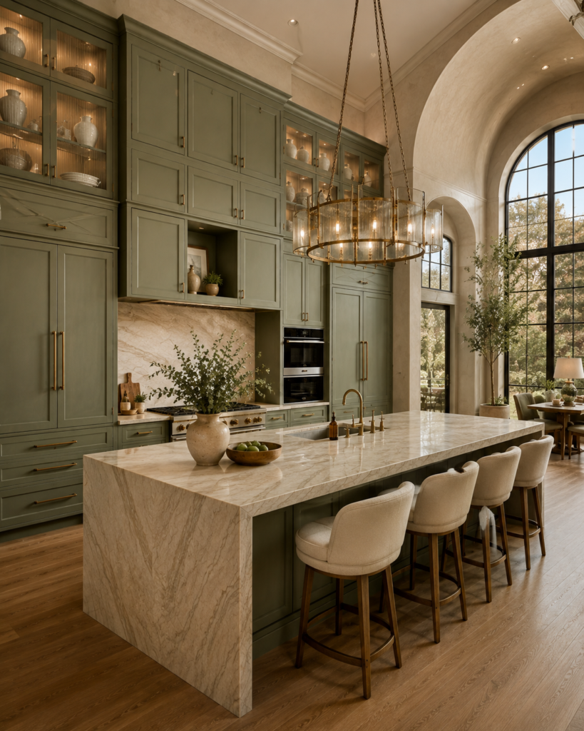 Sage green kitchen ideas with tall cabinets