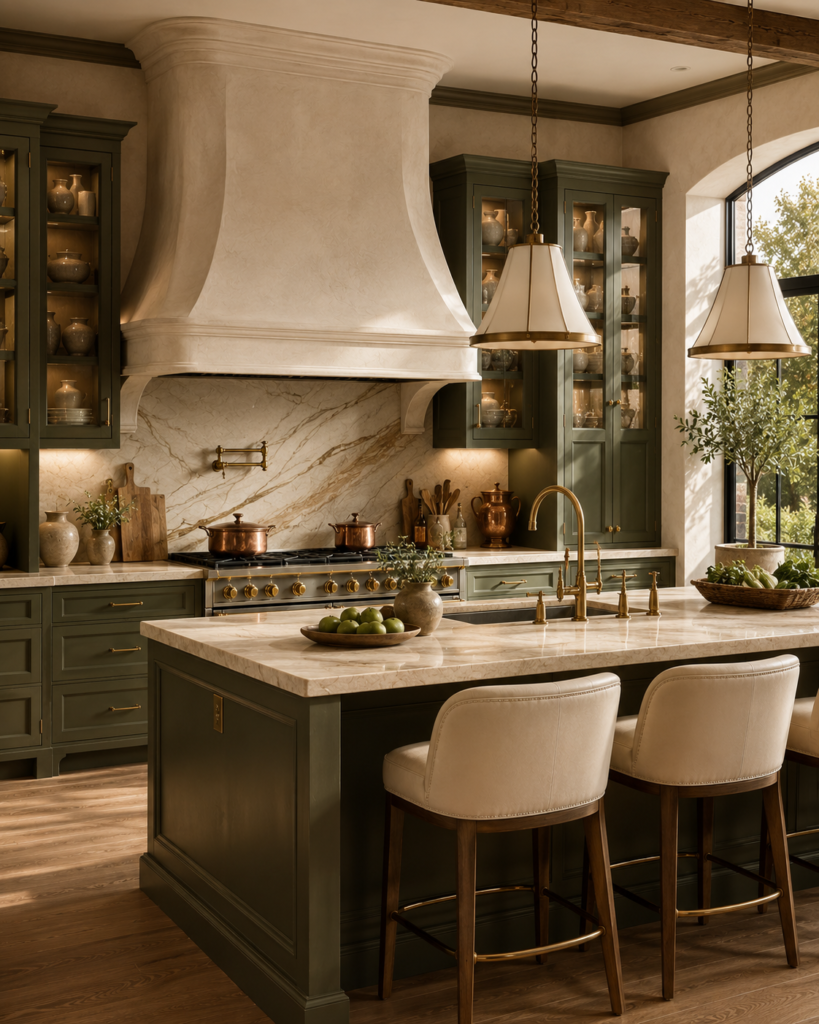 Sage green kitchen ideas with statement hood