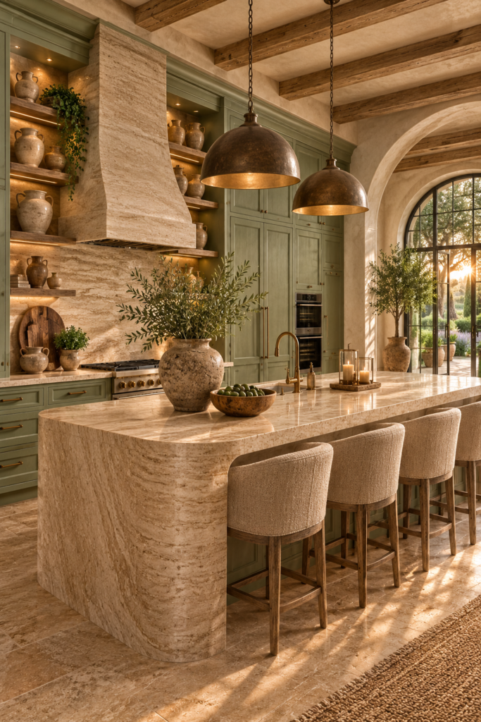 Sage green kitchen ideas with travertine