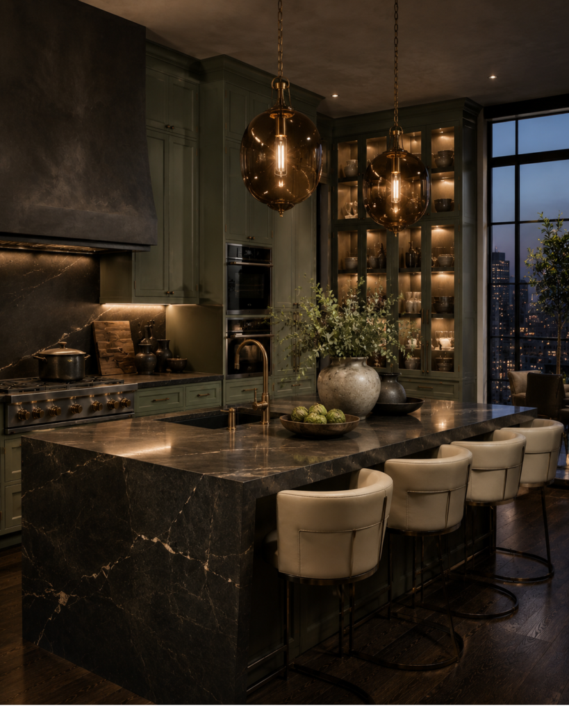 Sage green kitchen ideas with charcoal accents