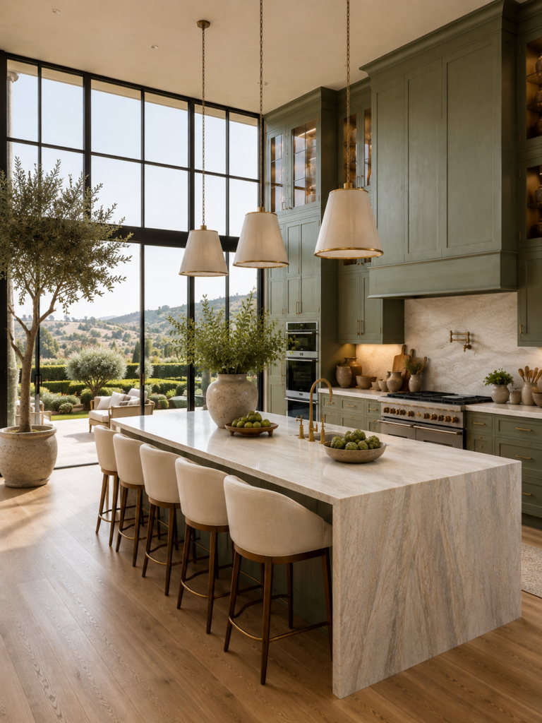 Sage green kitchen ideas with panoramic views