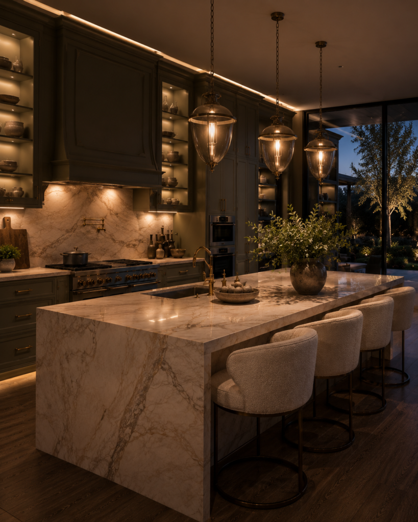 Sage green kitchen ideas with evening lighting