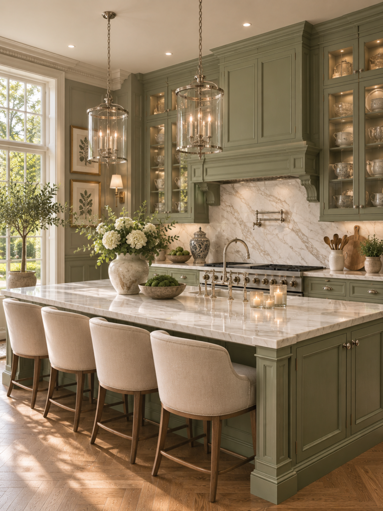 Sage green kitchen ideas with polished nickel
