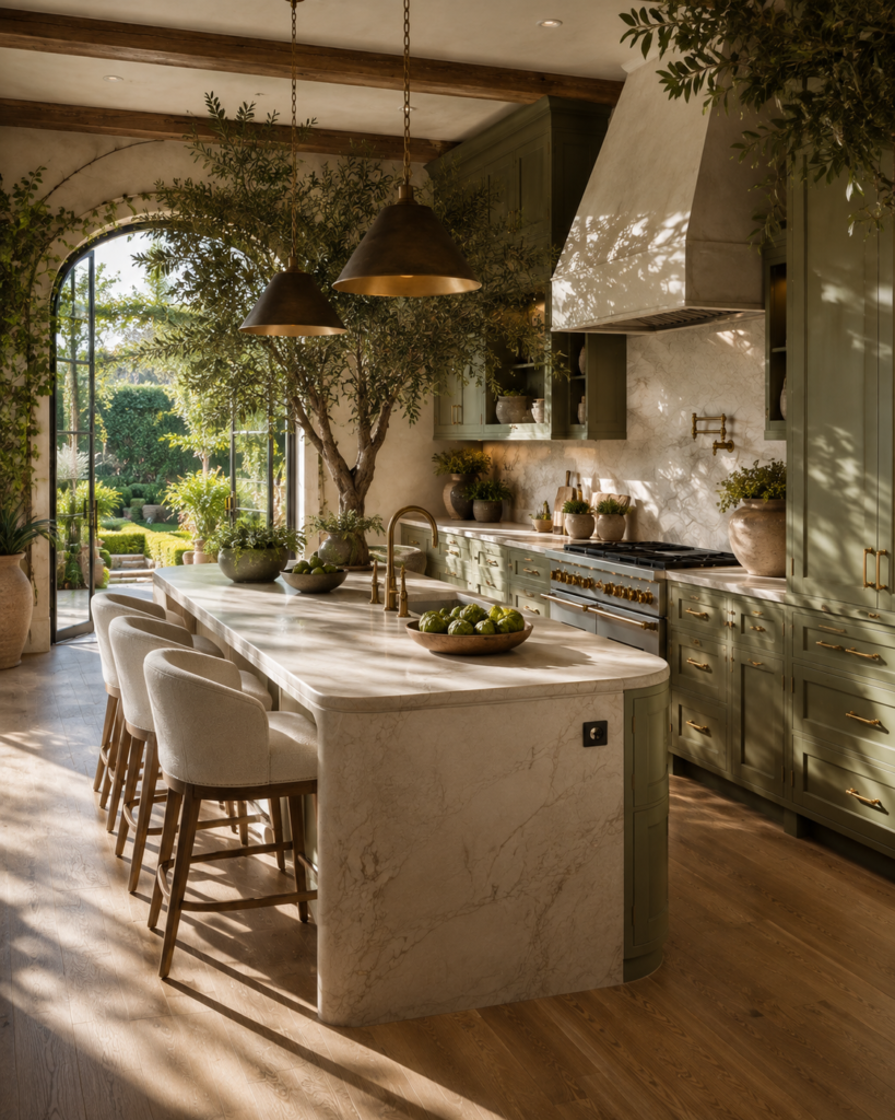 Sage green kitchen ideas with botanical greenery
