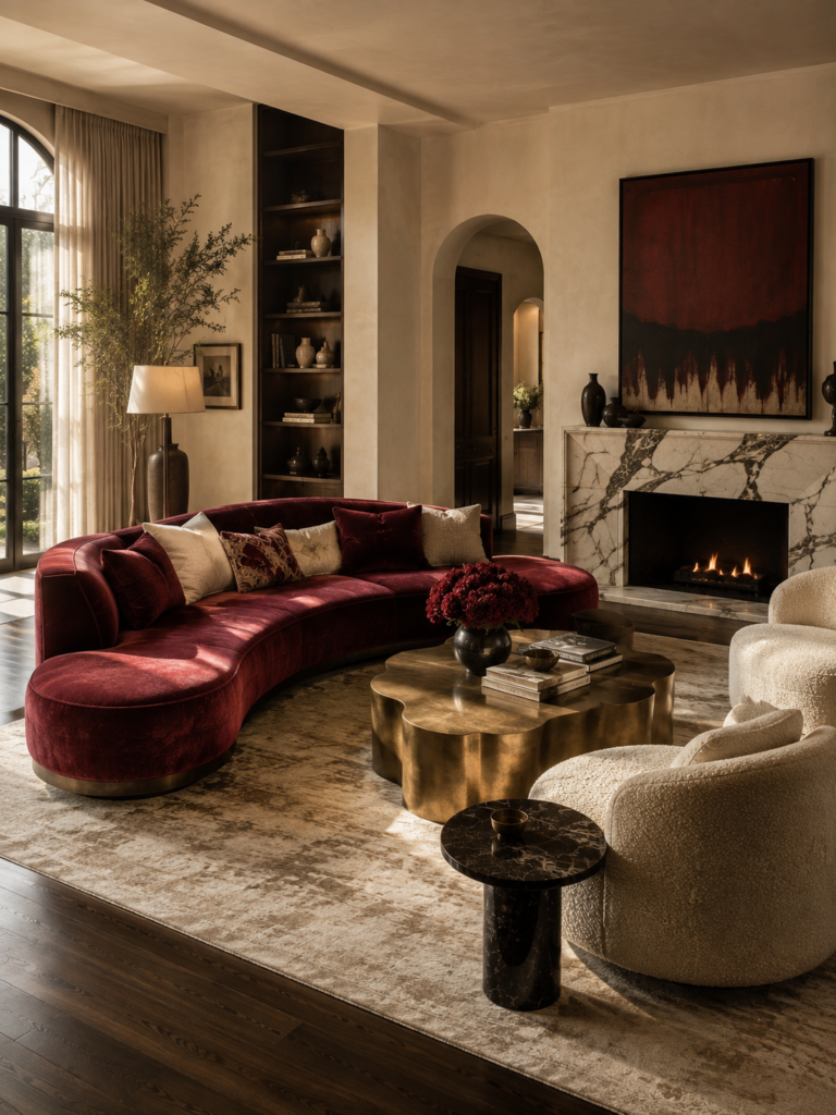  Red living room ideas with velvet sofa