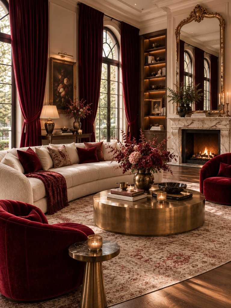 Red living room ideas with velvet curtains