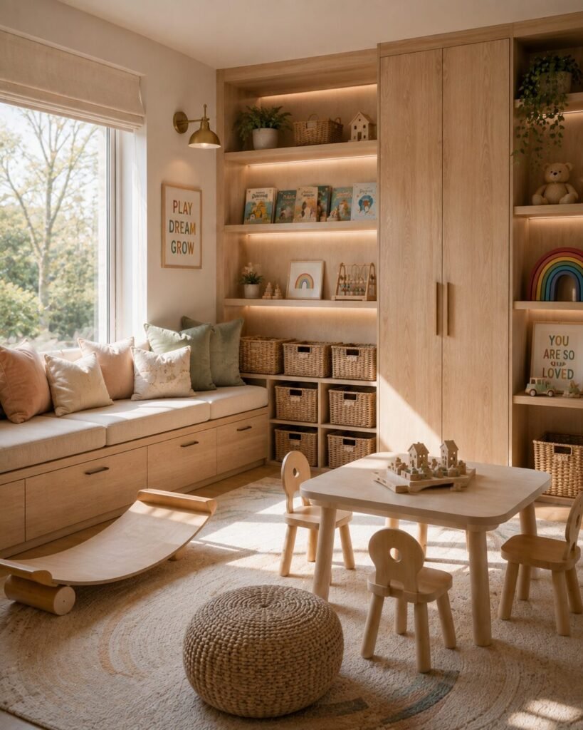 Small playroom design 17 Window seat small playroom design