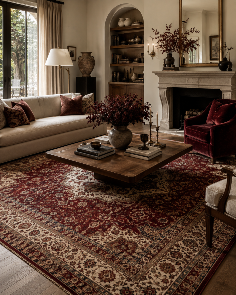 Red living room ideas with statement rug