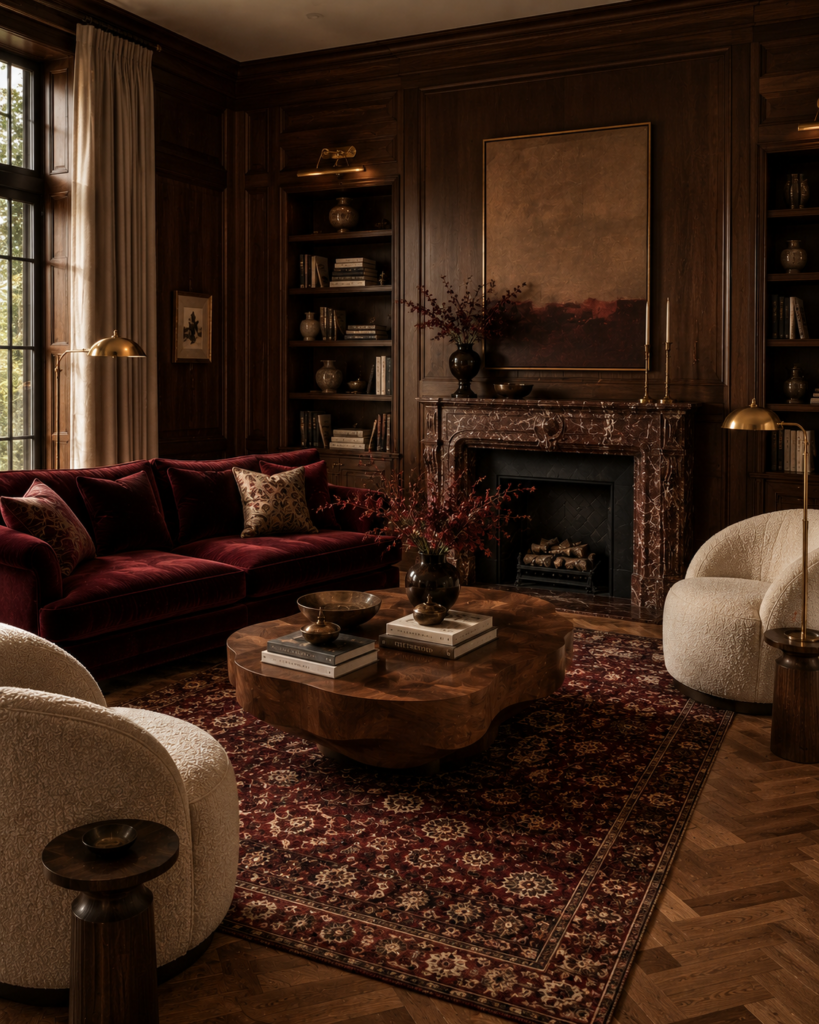 Red living room ideas with walnut furniture