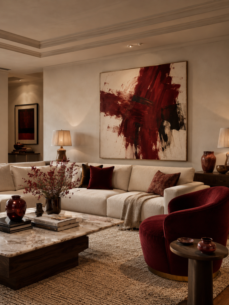 Red living room ideas with art accents