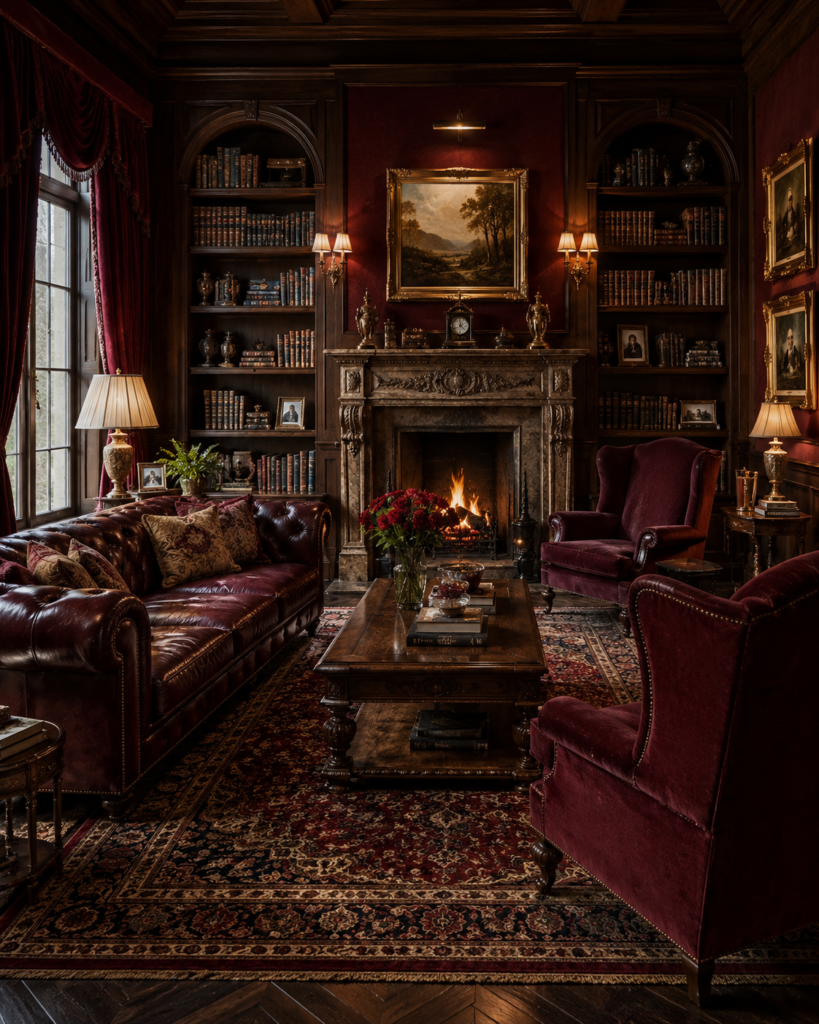 Red living room ideas with library style