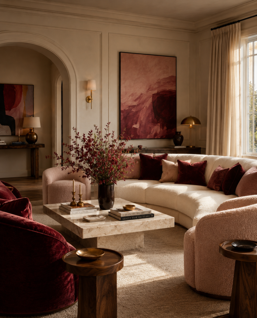 Red living room ideas with library style