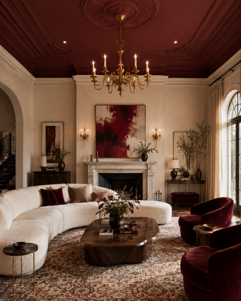 Red living room ideas with accent ceiling