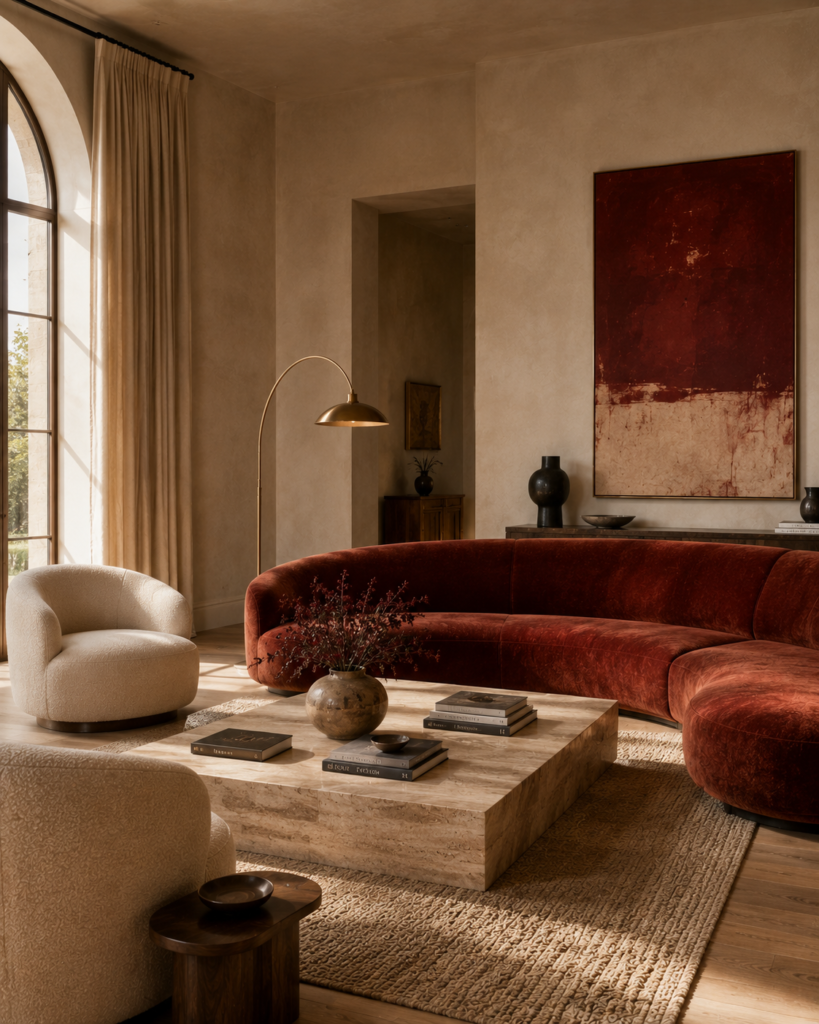 Red living room ideas with beige décor