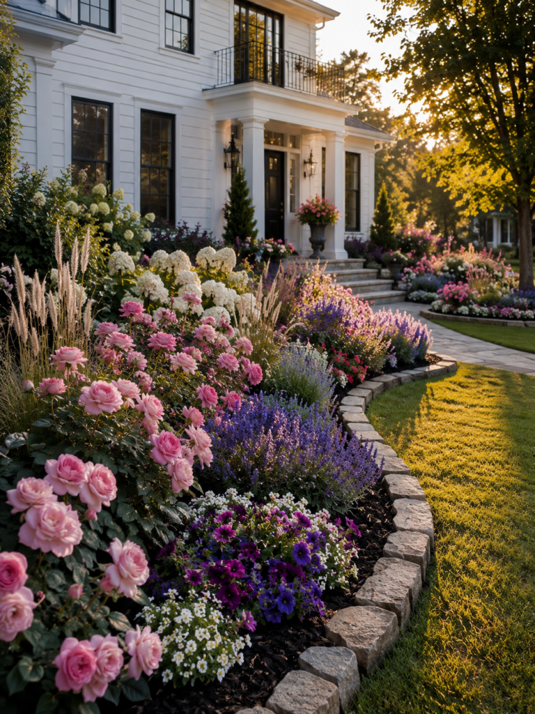 Colorful flower bed ideas in front of house