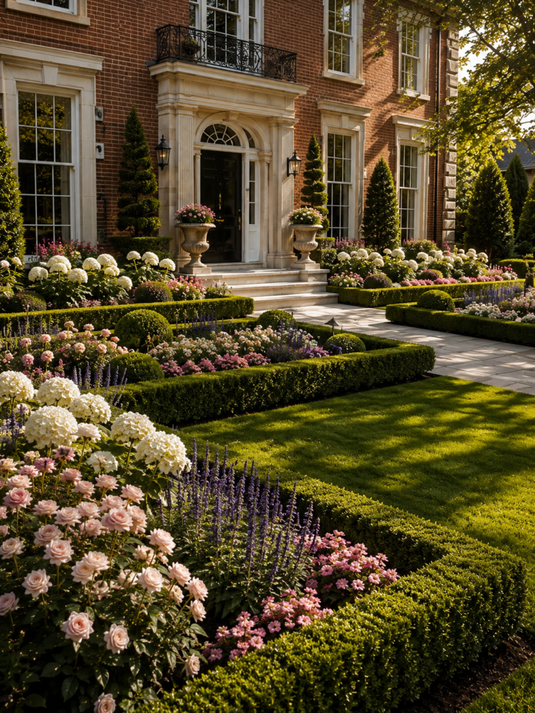 Boxwood flower bed ideas in front of house